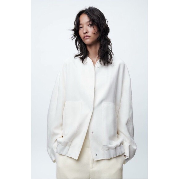 Zara Oversized Linen Blend Bomber Jacket Women Size M Ivory Pockets New - Picture 2 of 14